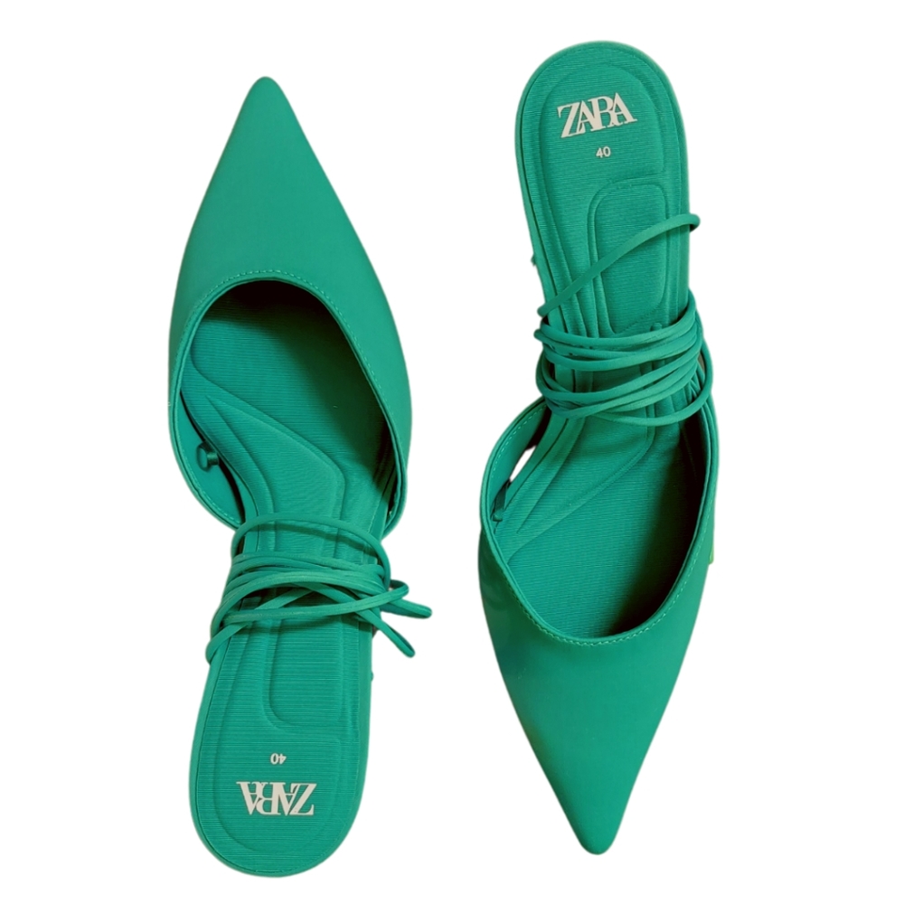 ZARA Lace Up Fabric Heels in Green